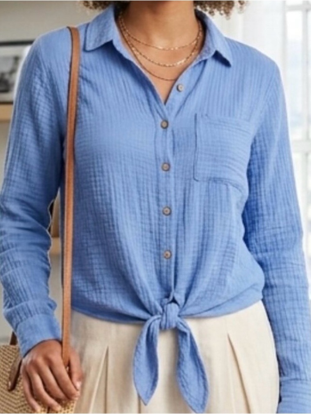 beachlunchlounge Sky Blue Button-Front Tie-Hem Gauze Shirt